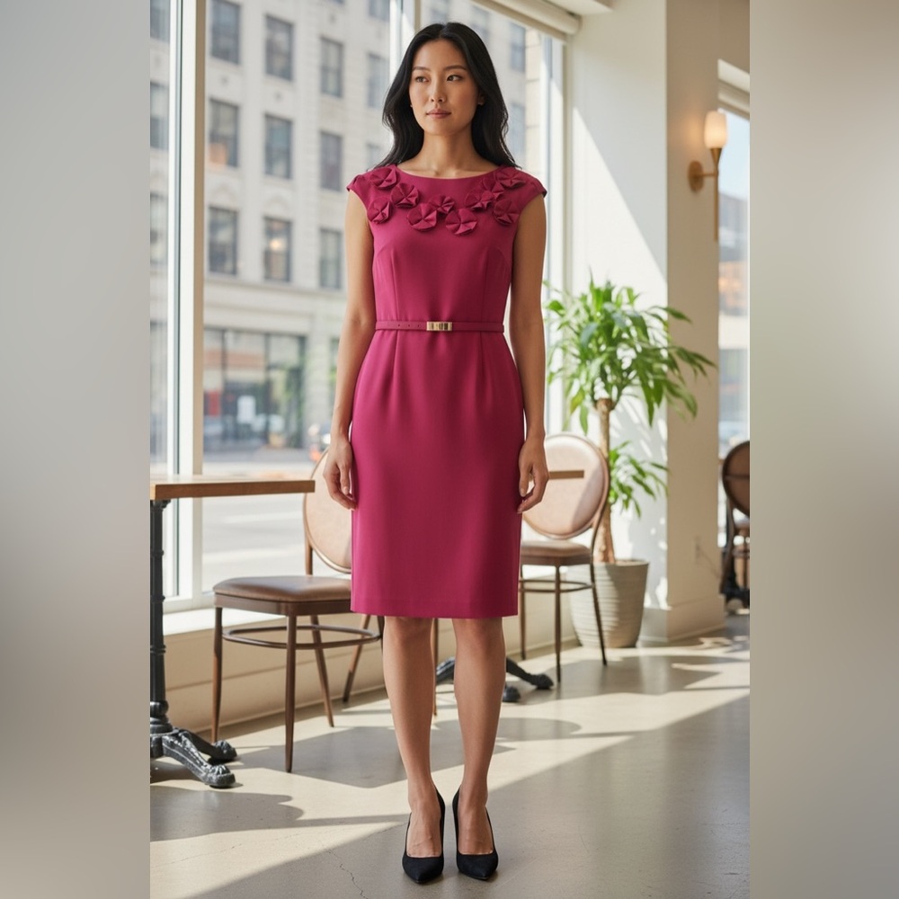 Tahari by Arthur S Levine Pink Floral Ruffle Sheath Dress Belted Size 2
